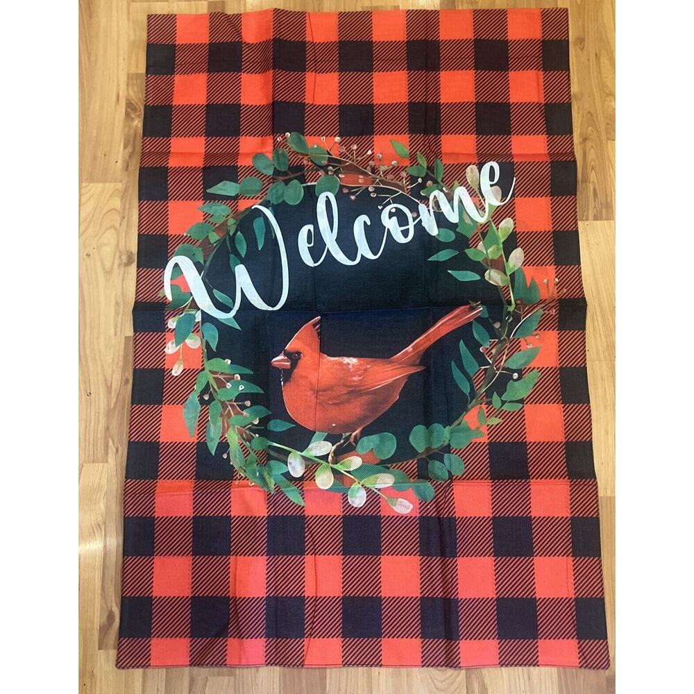 Welcome 27X41” Winter Buffalo Check Cardinal Double Sided Garden Flag NWOT